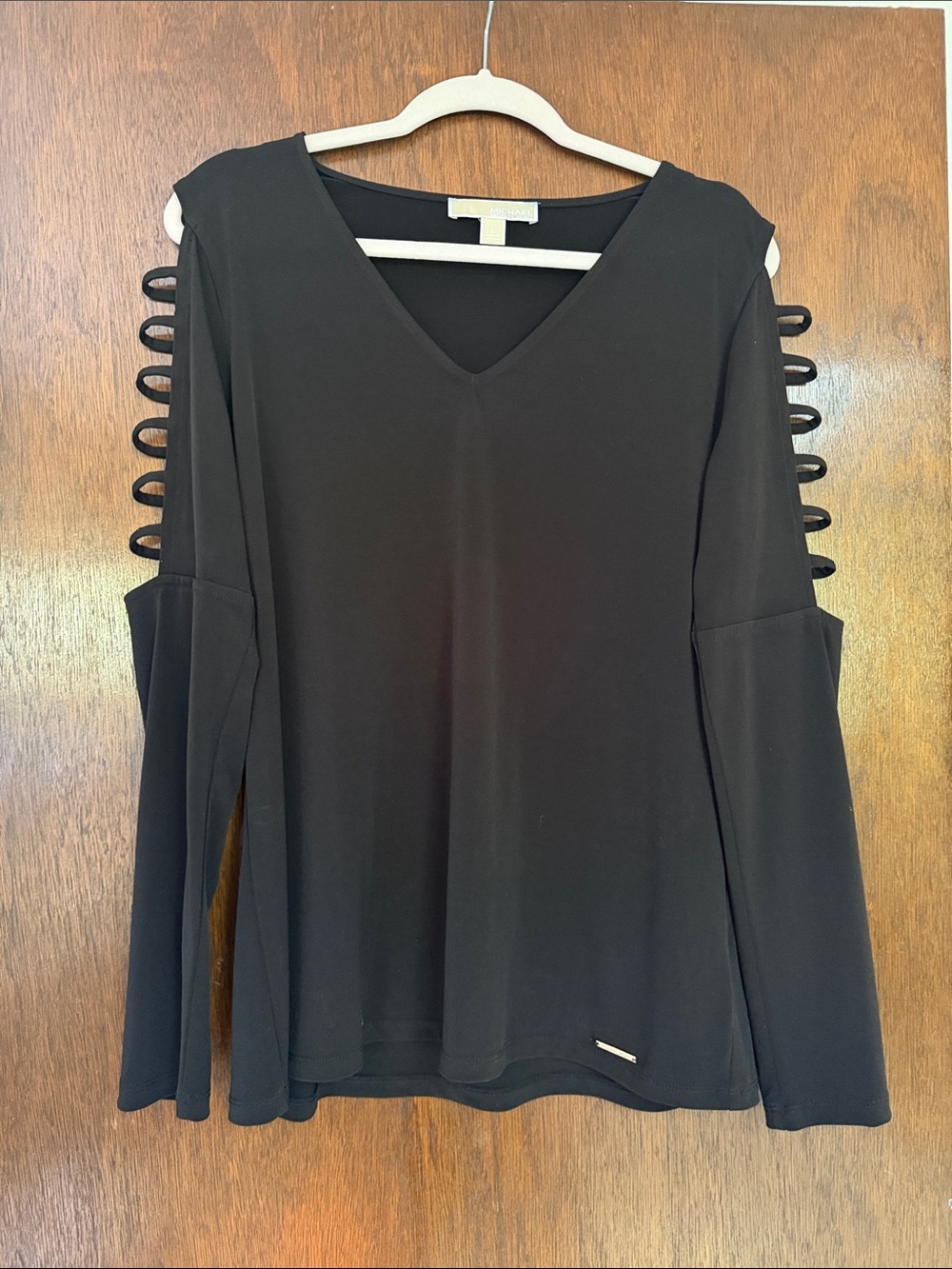 MICHAEL Michael Kors Black Long-Sleeve Cold-Shoulder Top with Loop Sleeve Detail